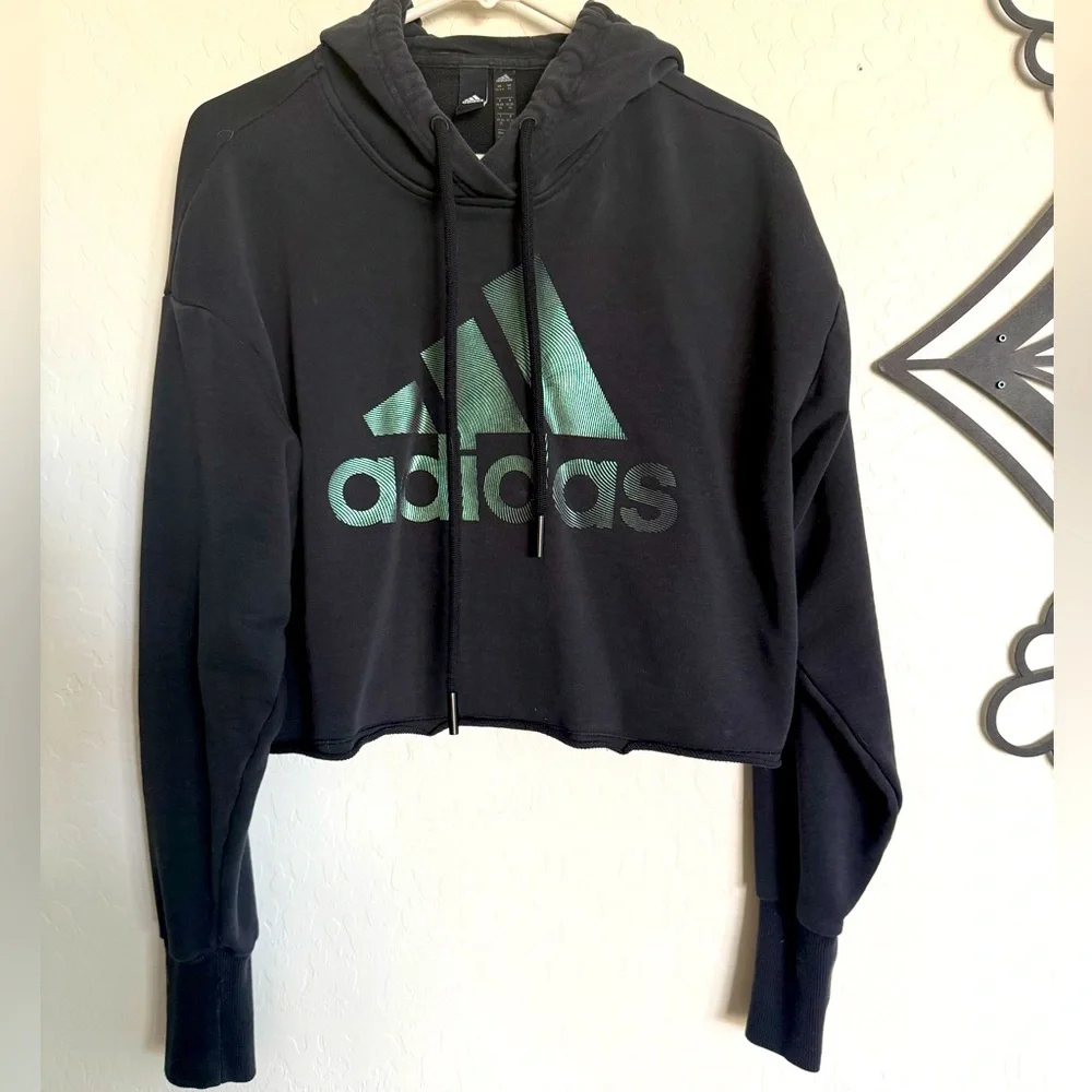 ADIDAS Black Cropped Hoodie with Green Iridescent Logo - XS - Picture 3 of 5